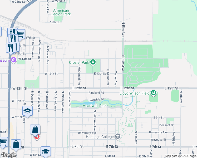 map of restaurants, bars, coffee shops, grocery stores, and more near 1235 N California Ave in Hastings