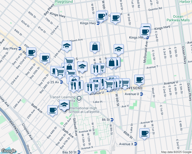 map of restaurants, bars, coffee shops, grocery stores, and more near 2033 West 10th Street in Brooklyn