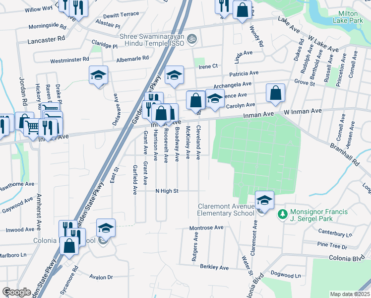map of restaurants, bars, coffee shops, grocery stores, and more near 51 McKinley Avenue in Woodbridge Township