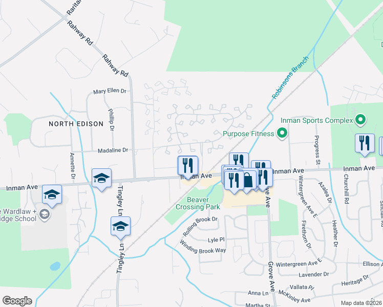 map of restaurants, bars, coffee shops, grocery stores, and more near 96 Westgate Drive in Edison