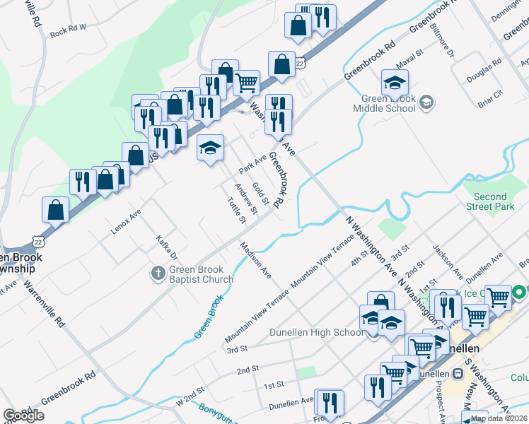 map of restaurants, bars, coffee shops, grocery stores, and more near 135 Greenbrook Road in Green Brook Township