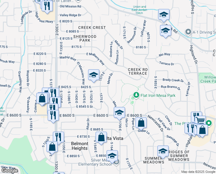 map of restaurants, bars, coffee shops, grocery stores, and more near 8355 South Mesa Drive in Sandy