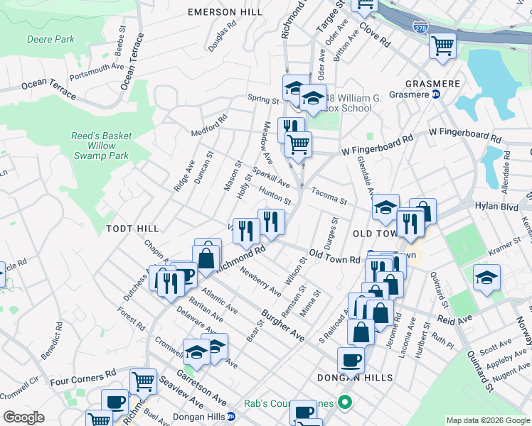 map of restaurants, bars, coffee shops, grocery stores, and more near 40 Dellwood Road in Staten Island