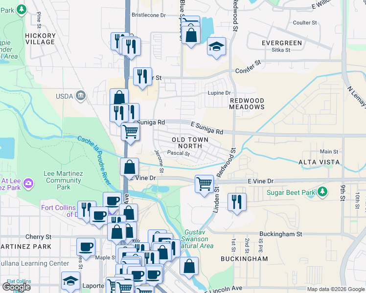 map of restaurants, bars, coffee shops, grocery stores, and more near 826 Blondel Street in Fort Collins
