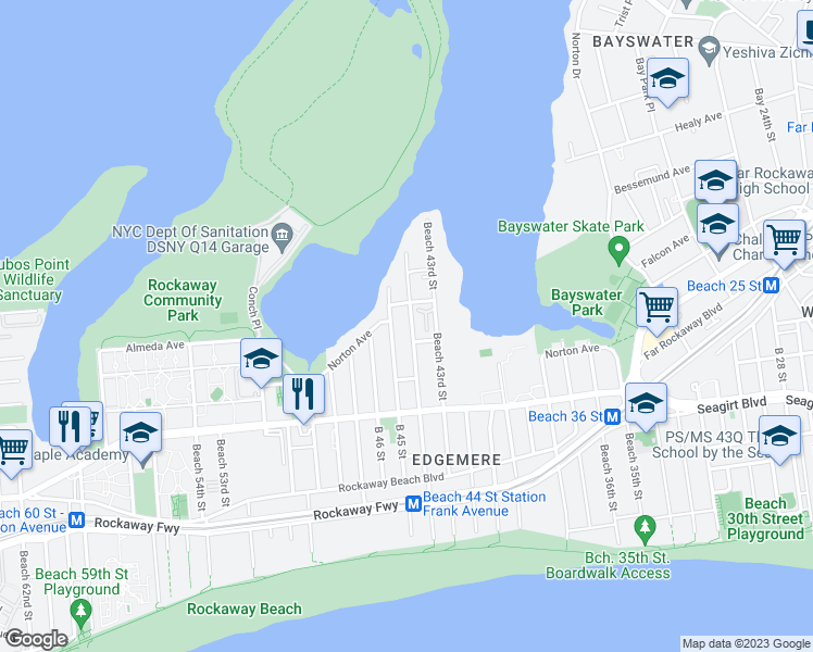 map of restaurants, bars, coffee shops, grocery stores, and more near 491 Beach 44th Street in Queens