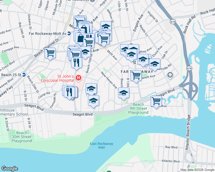 map of restaurants, bars, coffee shops, grocery stores, and more near 264 Beach 15th Street in Queens