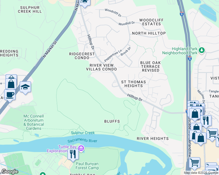 map of restaurants, bars, coffee shops, grocery stores, and more near 500 Hilltop Drive in Redding