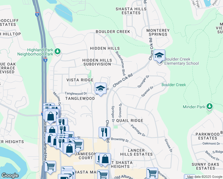 map of restaurants, bars, coffee shops, grocery stores, and more near Churn Creek Road & Whistling Drive in Redding