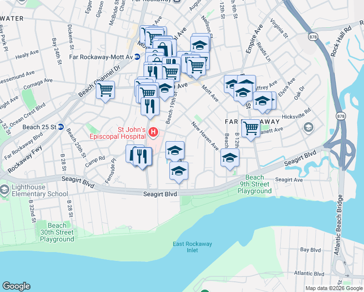 map of restaurants, bars, coffee shops, grocery stores, and more near 340 Beach 17th Street in Queens