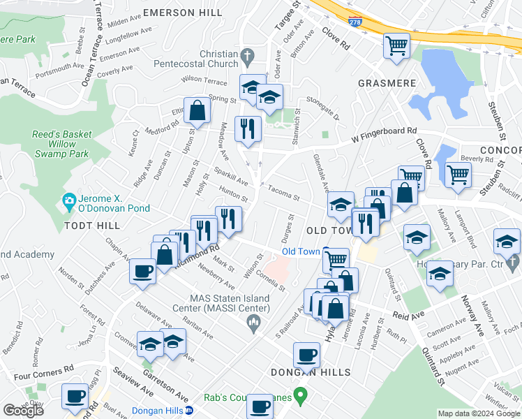 map of restaurants, bars, coffee shops, grocery stores, and more near 16 Tacoma Street in Staten Island
