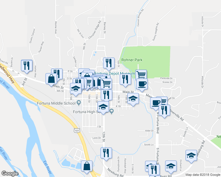 map of restaurants, bars, coffee shops, grocery stores, and more near 730 13th Street in Fortuna
