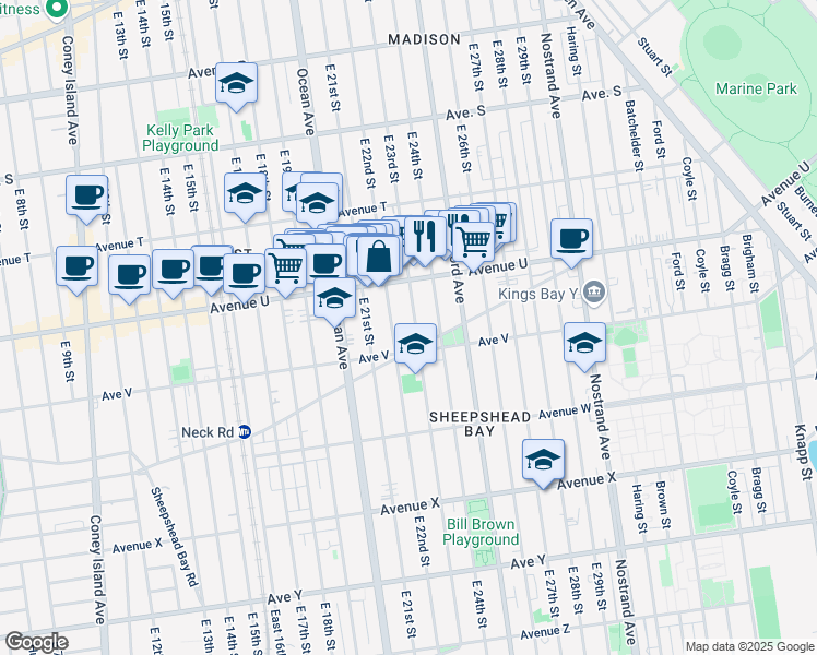 map of restaurants, bars, coffee shops, grocery stores, and more near 2128 East 23rd Street in Brooklyn