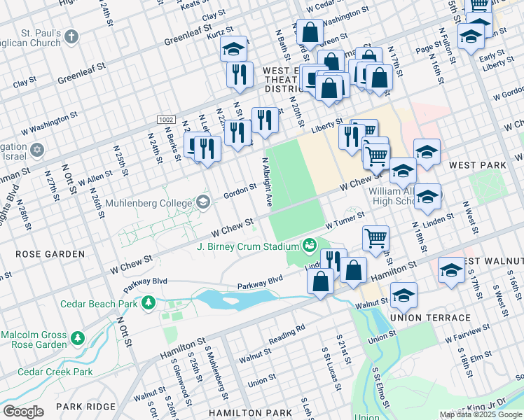 map of restaurants, bars, coffee shops, grocery stores, and more near 332 North Albright Avenue in Allentown
