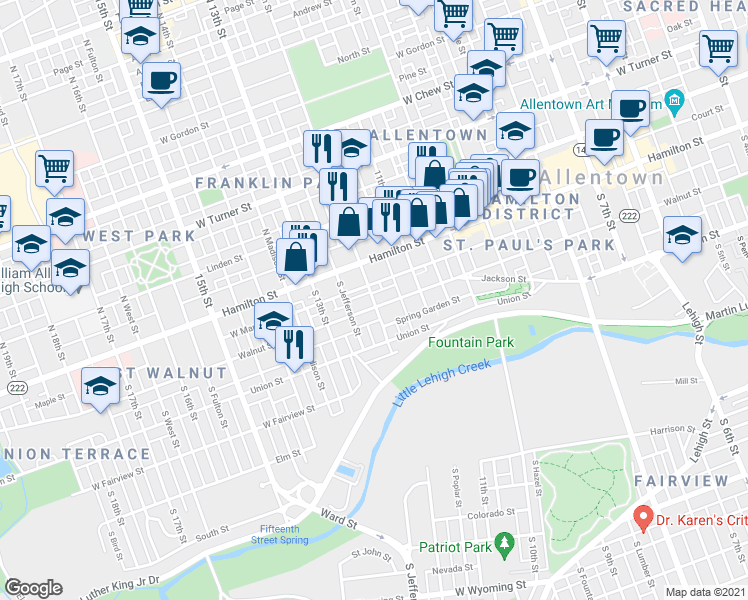 map of restaurants, bars, coffee shops, grocery stores, and more near 81 South 12th Street in Allentown