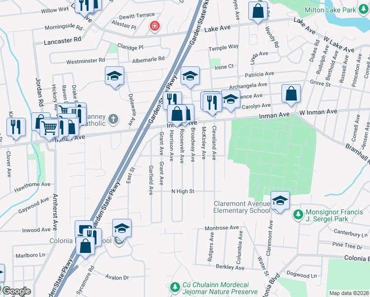 map of restaurants, bars, coffee shops, grocery stores, and more near 46 Roosevelt Avenue in Woodbridge Township