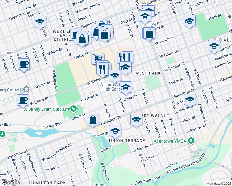 map of restaurants, bars, coffee shops, grocery stores, and more near 130 North 18th Street in Allentown