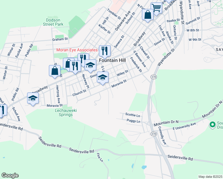 map of restaurants, bars, coffee shops, grocery stores, and more near 1238 Moravia Street in Fountain Hill