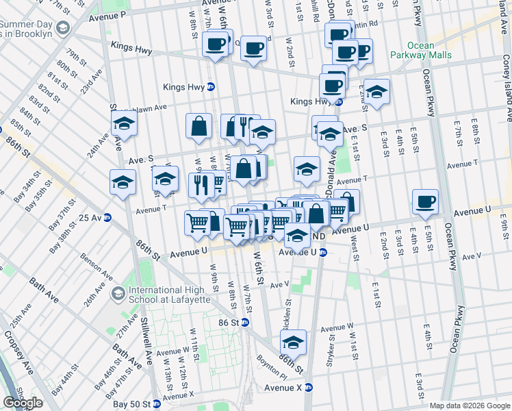 map of restaurants, bars, coffee shops, grocery stores, and more near 1988 West 5th Street in Brooklyn