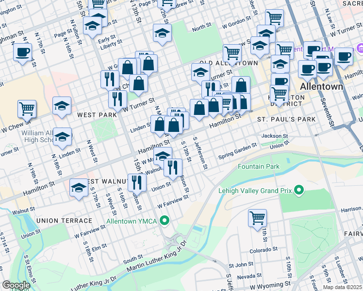 map of restaurants, bars, coffee shops, grocery stores, and more near 18 South 13th Street in Allentown