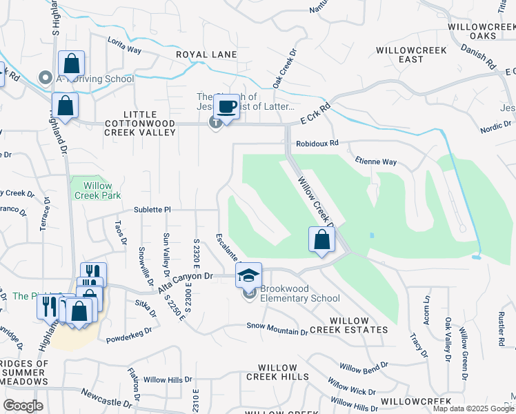 map of restaurants, bars, coffee shops, grocery stores, and more near 2473 Barcelona Drive in Sandy