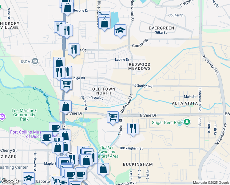 map of restaurants, bars, coffee shops, grocery stores, and more near 434 Emmaus Lane in Fort Collins