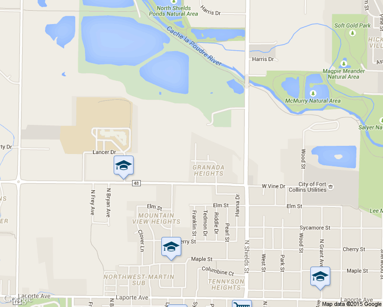 map of restaurants, bars, coffee shops, grocery stores, and more near 849 Aztec Drive in Fort Collins