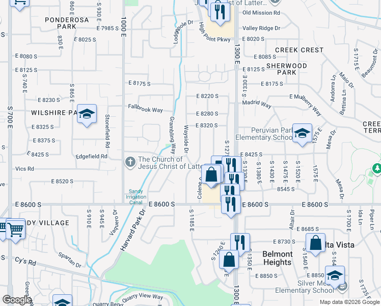 map of restaurants, bars, coffee shops, grocery stores, and more near 8382 South Fayeway Drive in Sandy