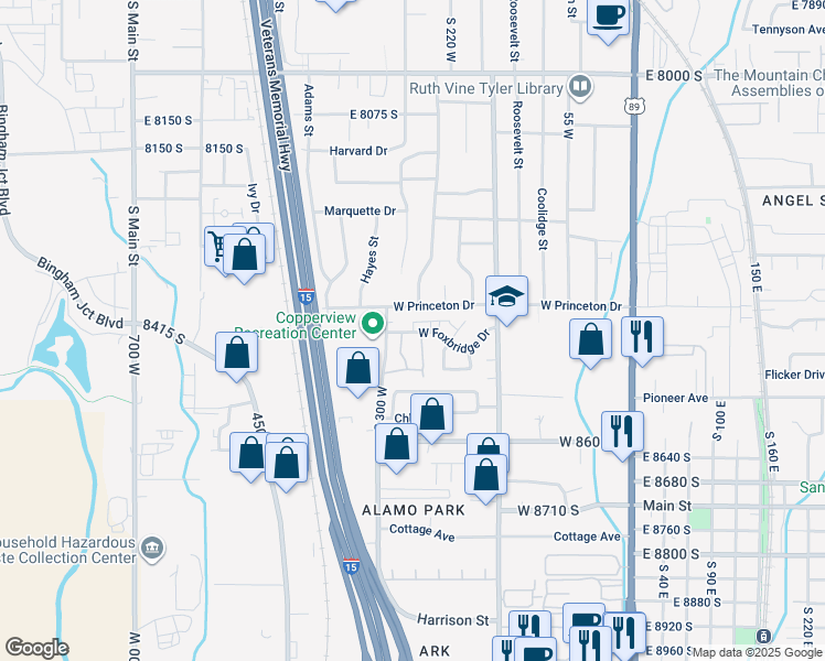 map of restaurants, bars, coffee shops, grocery stores, and more near 283 West Princeton Drive in Midvale