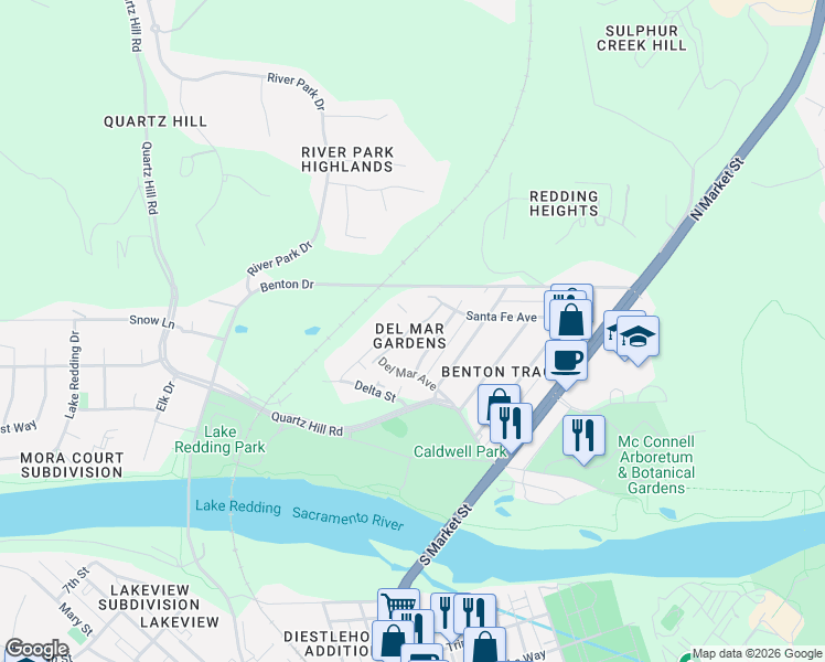 map of restaurants, bars, coffee shops, grocery stores, and more near 1868 Del Mar Avenue in Redding