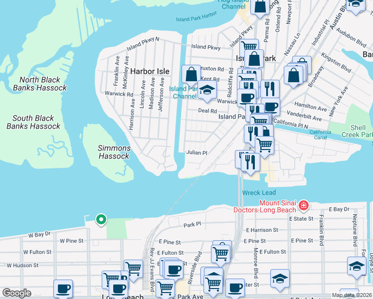 map of restaurants, bars, coffee shops, grocery stores, and more near 24 Suffolk Road in Island Park