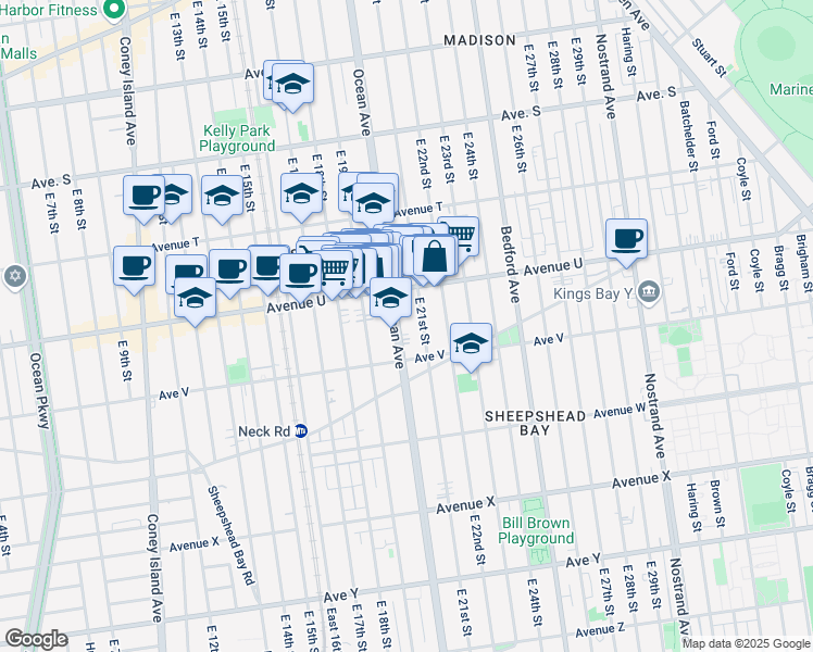 map of restaurants, bars, coffee shops, grocery stores, and more near 1928 Avenue U in Brooklyn