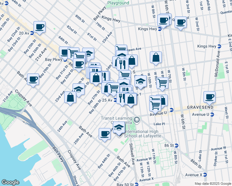 map of restaurants, bars, coffee shops, grocery stores, and more near 1985 Stillwell Avenue in Brooklyn