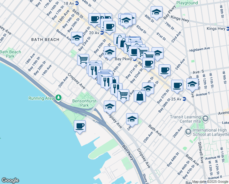 map of restaurants, bars, coffee shops, grocery stores, and more near 8735 Bay Parkway in Brooklyn