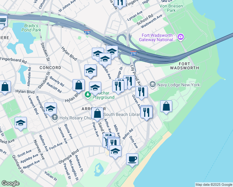 map of restaurants, bars, coffee shops, grocery stores, and more near 83 Hastings Street in Staten Island