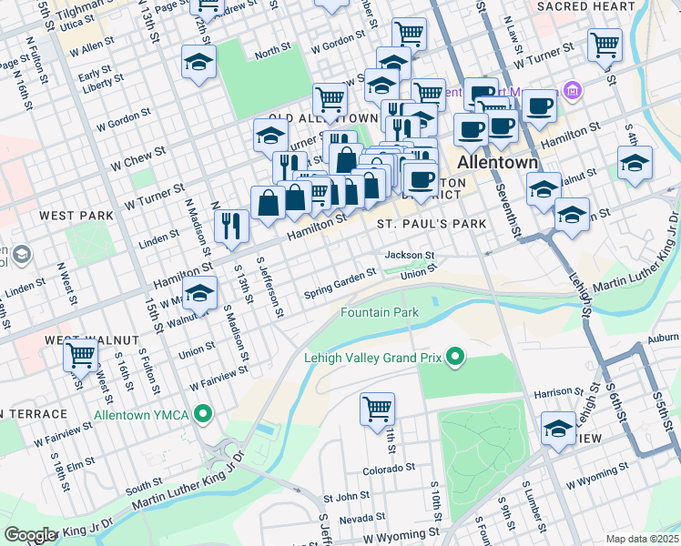 map of restaurants, bars, coffee shops, grocery stores, and more near 1029 Walnut Street in Allentown