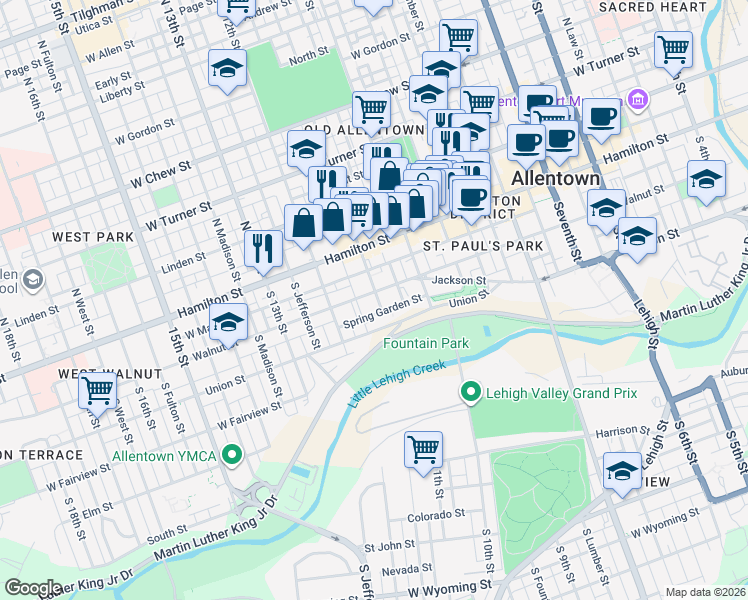 map of restaurants, bars, coffee shops, grocery stores, and more near 1029 Walnut Street in Allentown