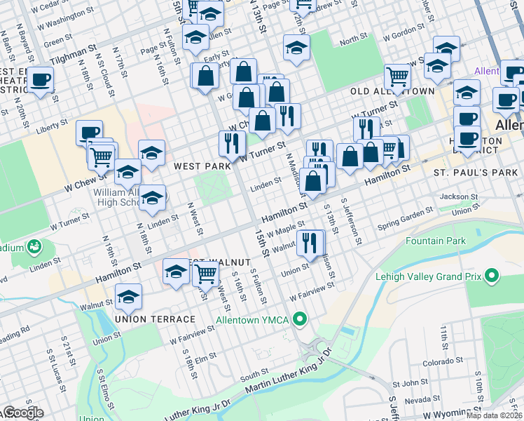 map of restaurants, bars, coffee shops, grocery stores, and more near 36 North Franklin Street in Allentown