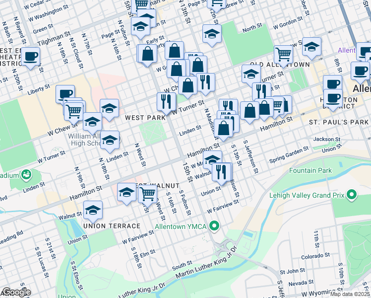 map of restaurants, bars, coffee shops, grocery stores, and more near 36 North Franklin Street in Allentown