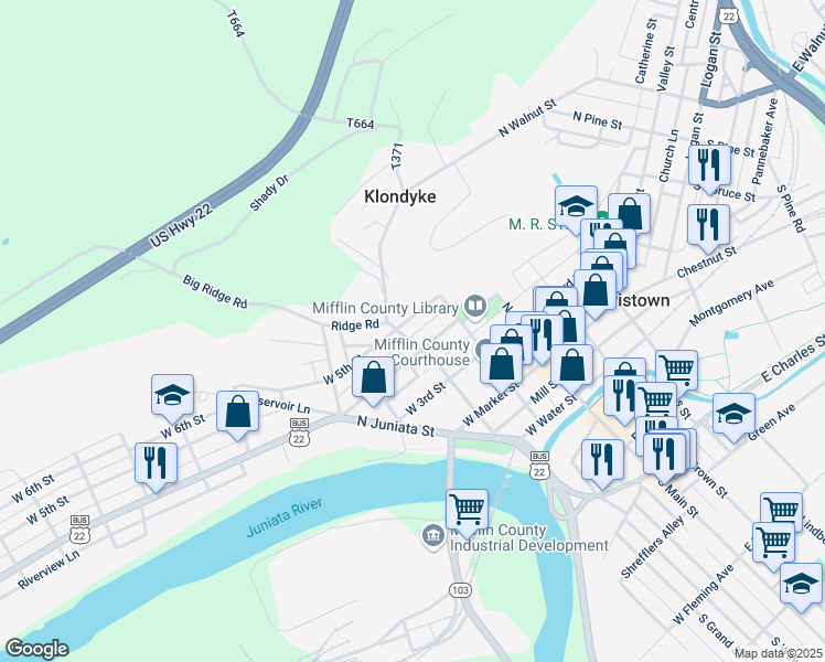 map of restaurants, bars, coffee shops, grocery stores, and more near 213 North Grand Street in Lewistown