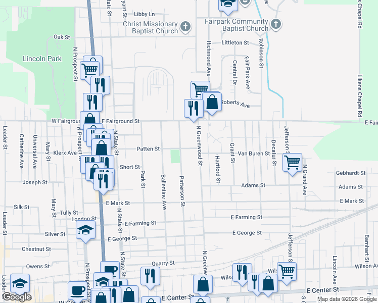 map of restaurants, bars, coffee shops, grocery stores, and more near 385 Patten Street in Marion