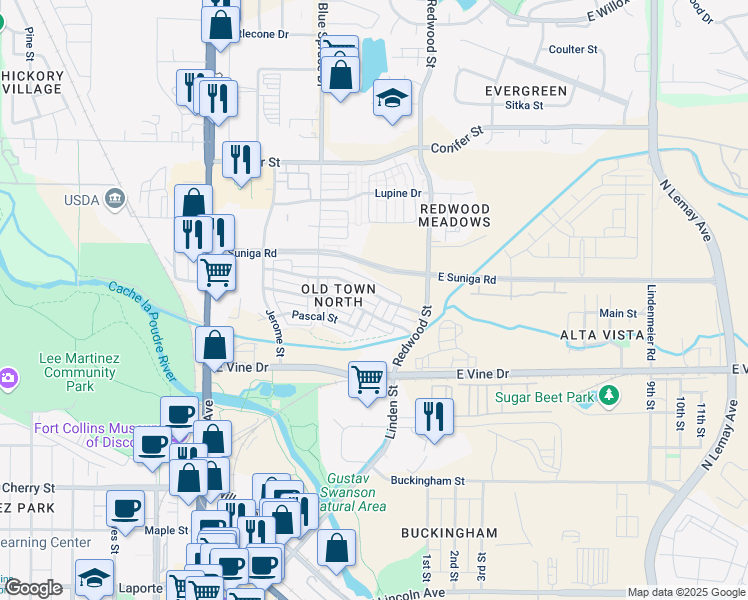map of restaurants, bars, coffee shops, grocery stores, and more near 434 Emmaus Lane in Fort Collins