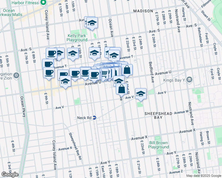 map of restaurants, bars, coffee shops, grocery stores, and more near 2136 East 19th Street in Brooklyn