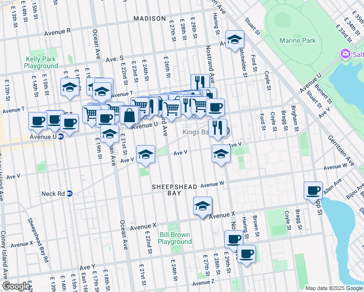 map of restaurants, bars, coffee shops, grocery stores, and more near 2171 East 26th Street in Brooklyn