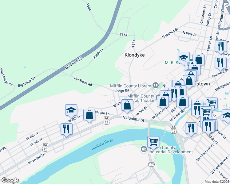 map of restaurants, bars, coffee shops, grocery stores, and more near 347 Bratton Avenue in Lewistown