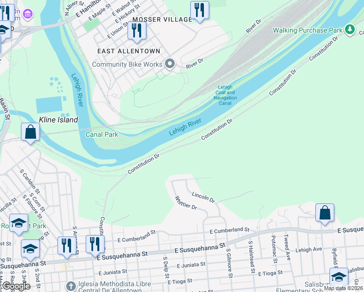 map of restaurants, bars, coffee shops, grocery stores, and more near Constitution Drive in Allentown