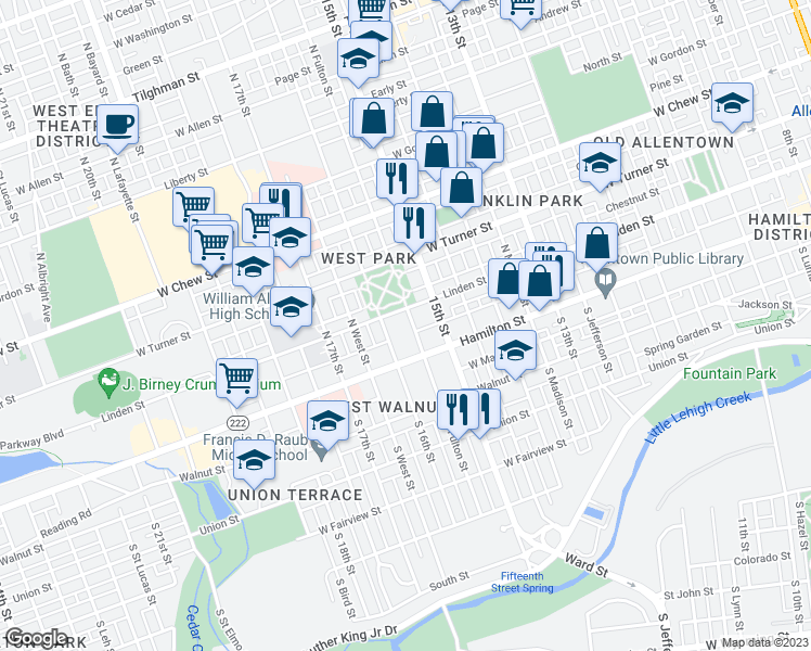 map of restaurants, bars, coffee shops, grocery stores, and more near 1524 West Linden Street in Allentown