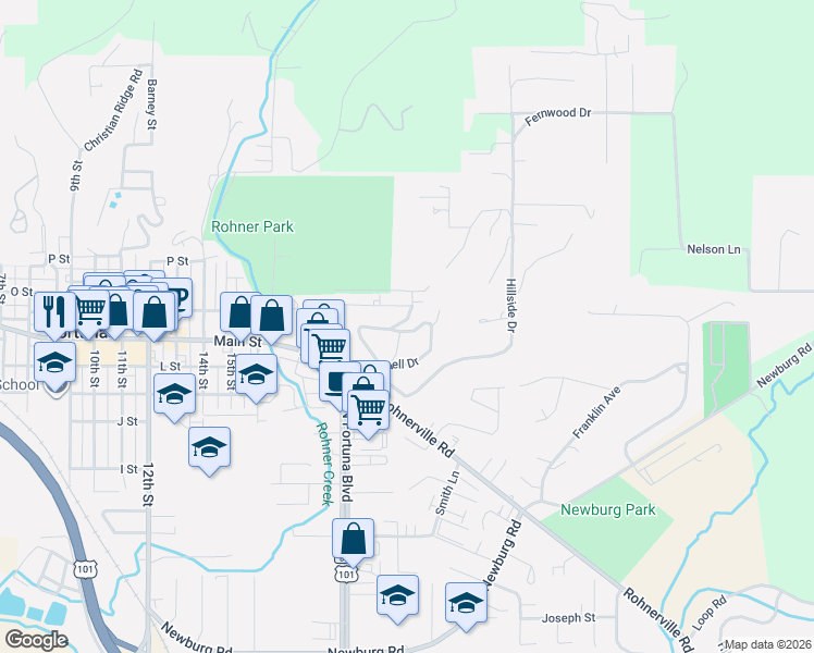 map of restaurants, bars, coffee shops, grocery stores, and more near 2196 Scenic Drive in Fortuna