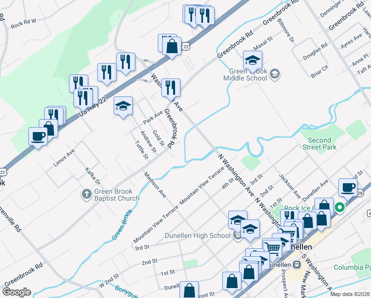 map of restaurants, bars, coffee shops, grocery stores, and more near 111 Greenbrook Road in Green Brook Township