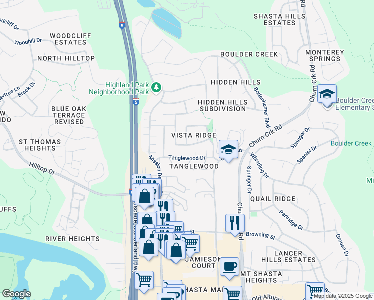 map of restaurants, bars, coffee shops, grocery stores, and more near 570 Viewpoint Drive in Redding