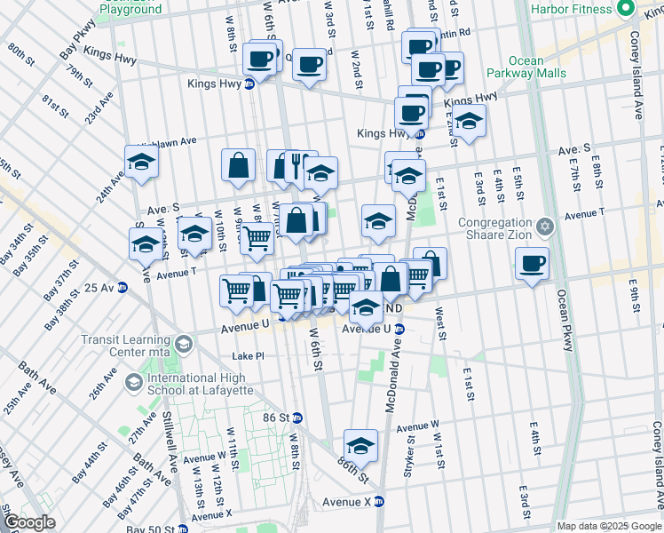 map of restaurants, bars, coffee shops, grocery stores, and more near 1988 West 5th Street in Brooklyn